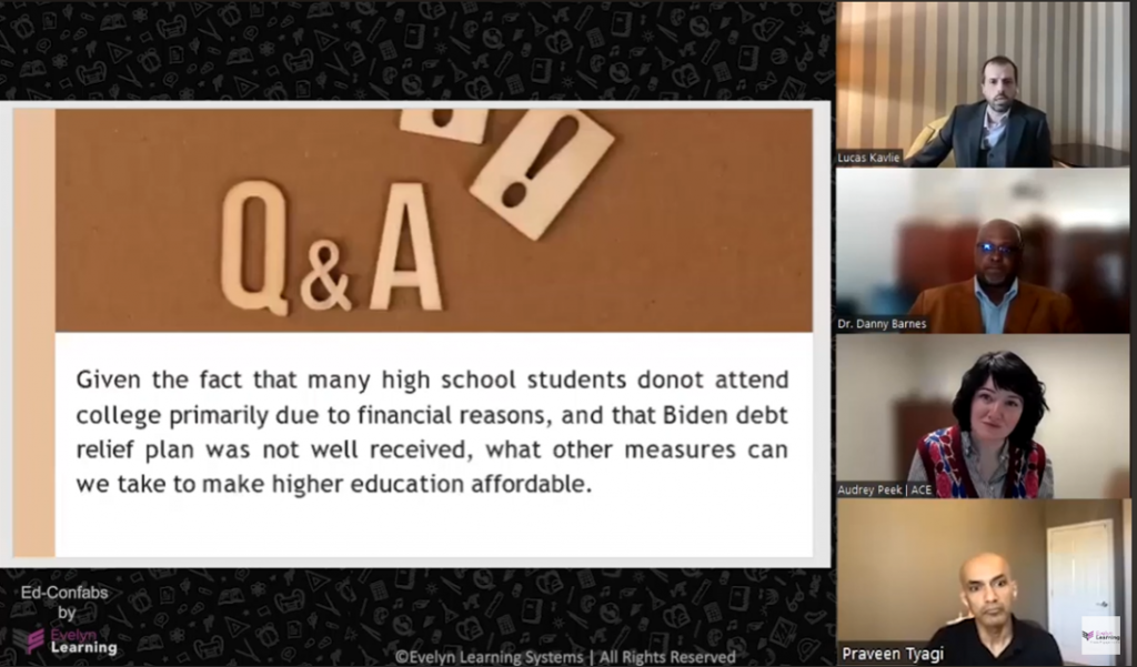 Dr. Danny Barnes. Dr. Audrey Peek, and Mr. Lucas Kavlie during an industry discussion co-hosted by Evelyn Learning’s CEO and Founder Praveen Tyagi and Content Analyst Tavleen Kour